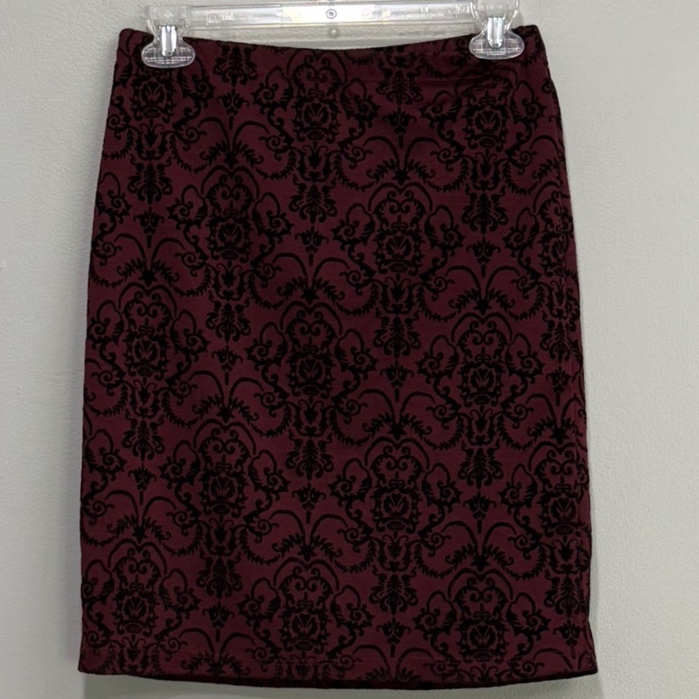 Vtg gothic Burgundy Black Velvet Damask Flocked Pencil Skirt Large Made in USA